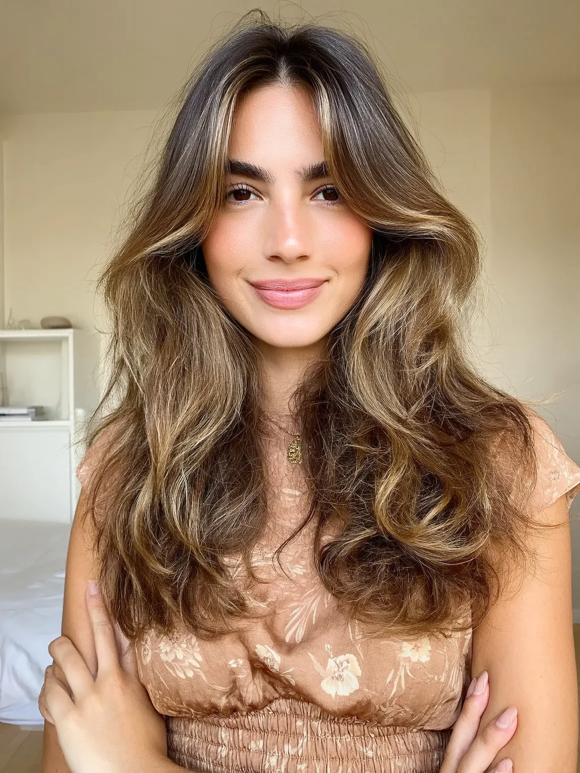 Long Honey Brown Voluminous Layers with Curtain Bangs